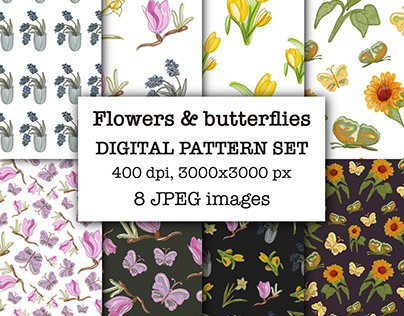 Flowers and butterflies Digital Pattern Set