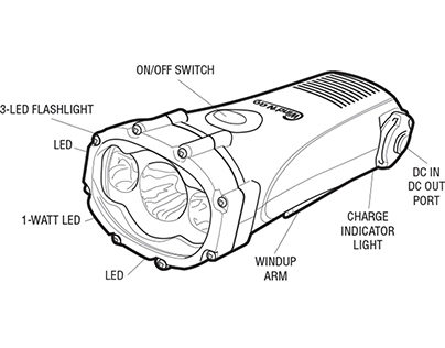 1-Watt waterproof flashlight technical illustration