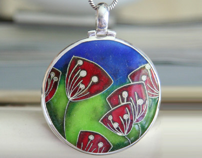 Silver medallion with enamel "Scarlett flower"