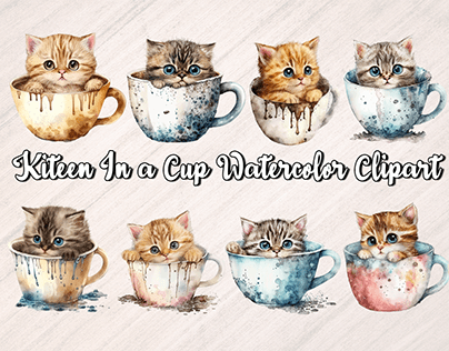 Kitten in a cup watercolor clipart