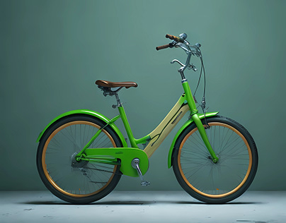 A Green Bike with a Wooden Seat
