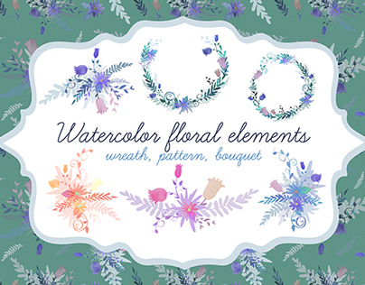Set of watercolor wreath and bouquet elements