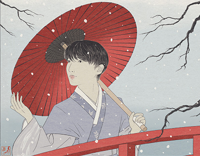 Walk Under the First Snow [ukiyo-e inspired]