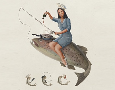Vintage Illustration. The woman hooked onto a fish