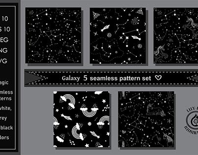 White and black Galaxy. Seamless pattern set
