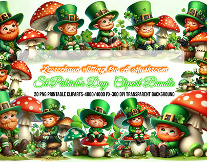 St. Patrick's Day Leprechaun Sitting Mushroom Clipart