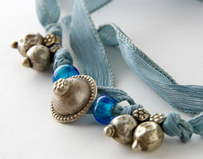 Soft Blue Tribal Fusion Bellydance Silk Wrap Bracelet