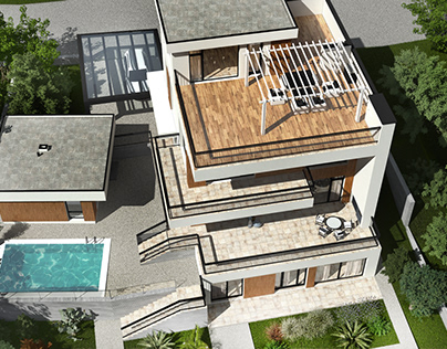 Трёхэтажный дом на рельефе с бассейном