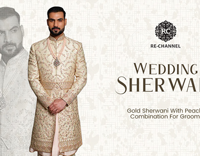 GOLD SHERWANI WITH PEACH COMBINATION FOR GROOM.