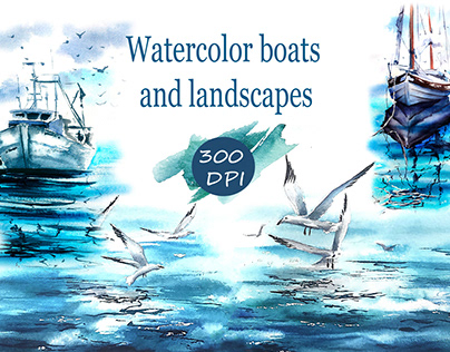 Watercolor clipart sea boats landscapes
