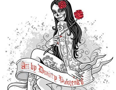 Naked girl with tattoos and makeup sugar skull