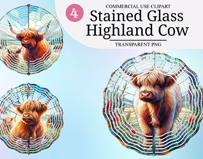 Watercolor Highland Cow Stained Glass Clipart