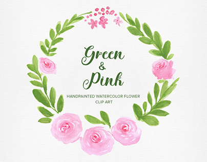 Green & Pink Handpainted Watercolor Clipart