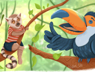 A comic book about a lemur. Book illustration.