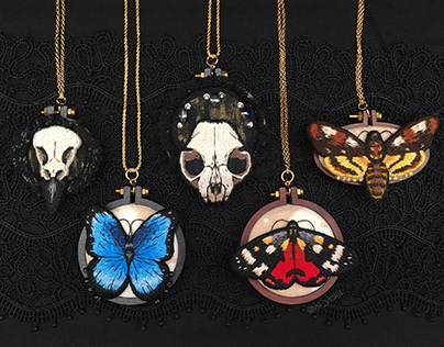 Hand Embroidered Jewelry, Insects and Skulls