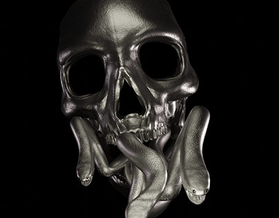 3D sculpted skull with snakes for logo