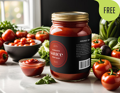 Free Clear Glass Jar with Tomato Sauce Mockup