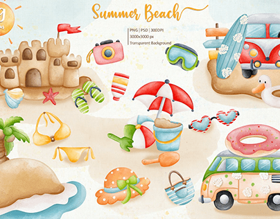 Watercolor Summer Beach Clipart Collection