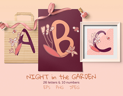 Night in the garden. Decorated floral monograms