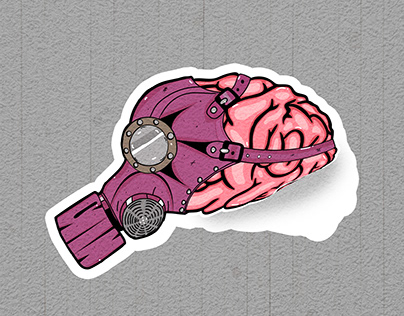 gas mask skull on brain illustration sticker