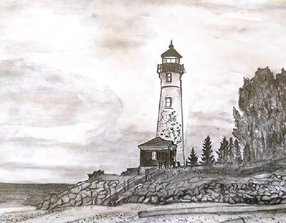 Landscape sketching of light house pencil shading