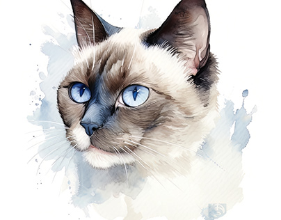 Snowshoe Cat Portrait Watercolor Painting