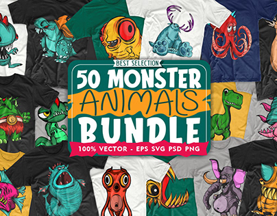 50 Monster Animals Bundle For Tshirt, Bags, Pillow,...