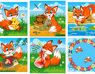 illustration with fox cub for children's cube game
