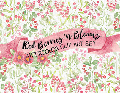 Red berries 'n blooms: watercolor bundle