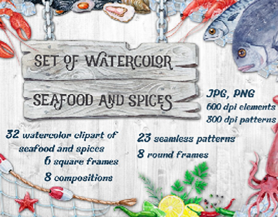 Watercolor sea food and spices
