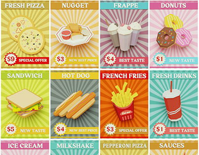 Vintage Fast Food Posters | Low-Poly 3D