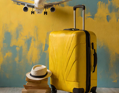 Suitcase, airplane toy, yellow wall