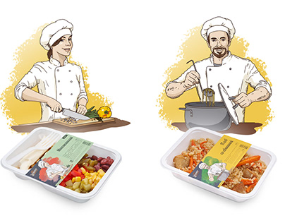 Иллюстрации для упаковки готовых обедов «Усенко»