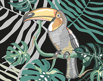 Tropical leaves and bird toucan.