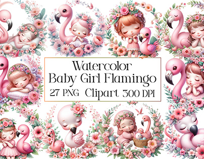 Watercolor Baby Girl Flamingo Clipart