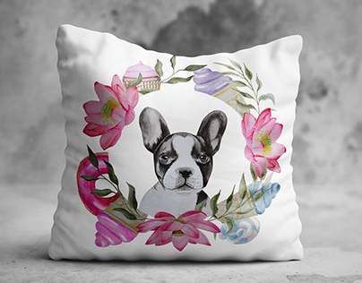 Pillow with watercolor dog illustration
