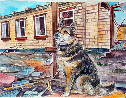 War in Ukraine, painting, Dog near Destroyed house