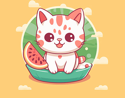 A cat sit on the watermelon flat vector illustration.