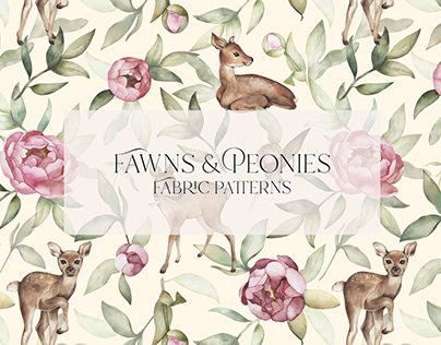Fawns & Peonies. Watercolor fabric seamless pattern