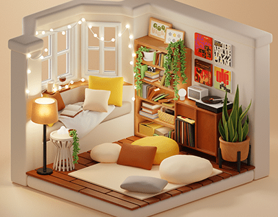 3D Isometric Cozy Reading Room