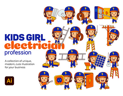 Kids Girl Electrician Profession Vector Pack