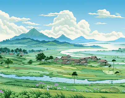 Feudal Japan Rice Fields Hayao Miyazaki Cartoon Style