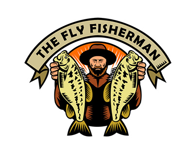 Fly Fisherman Holding Largemouth Bass Woodcut
