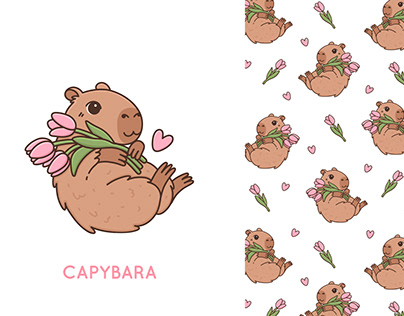 Cute cartoon capybara animal + seamless pattern