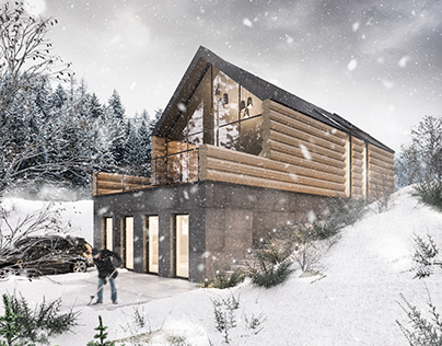 Wizualizacja zimowa domu z bali drewnianych