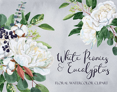 White Peonies and Eucalyptus Floral Watercolor Clipart