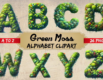 Watercolor Green moss Alphabet Clipart