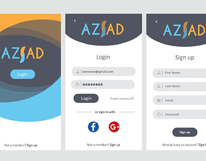 Azad company logo and UI of mobile app (login, sign up)