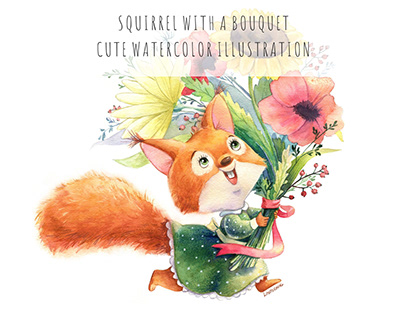 SQUIRREL WITH A BOUQUET CUTE WATERCOLOR ILLUSTRATION