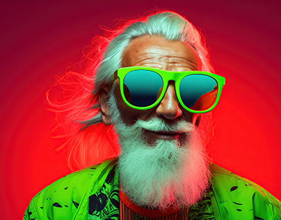 Stylish old man in sunglasses with neon lights